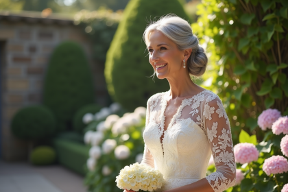 Femme élégante en robe de mariée dans un jardin ensoleille