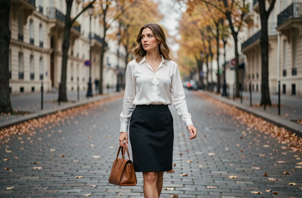 Femme professionnelle marchant dans une rue parisienne en automne, préservant son anonymat et illustrant la protection de la vie privée