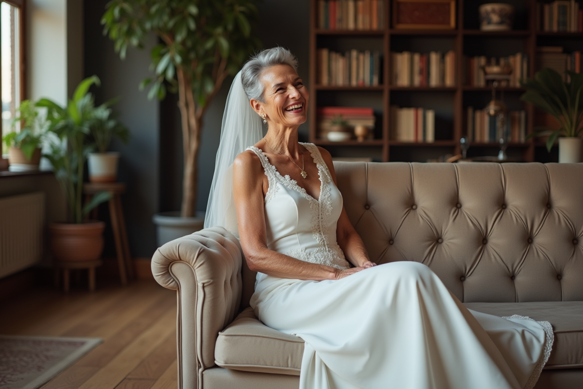 Femme souriante en robe moderne assise dans un salon cosy