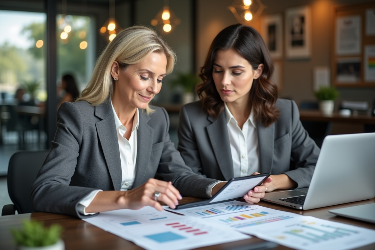 Femme en costume examine invitations de mariage dans un bureau moderne