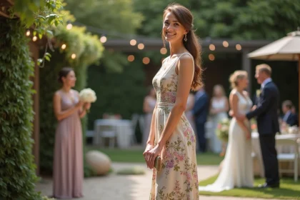 Femme souriante en robe florale lors d&rsquo;un mariage en plein air
