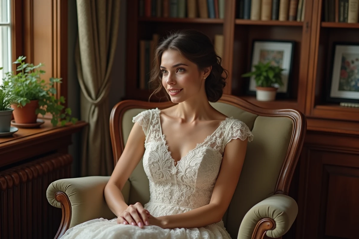 Femme en robe de mariée assise dans un salon vintage