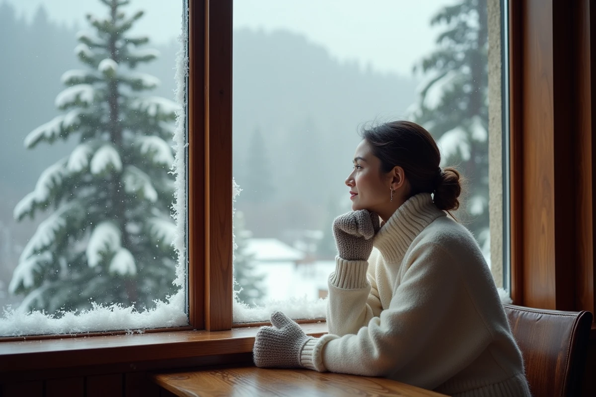 Jeune mariée dans un café de Mussoorie regardant la neige