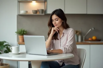 Femme détendue lisant un profil de rencontre à la maison