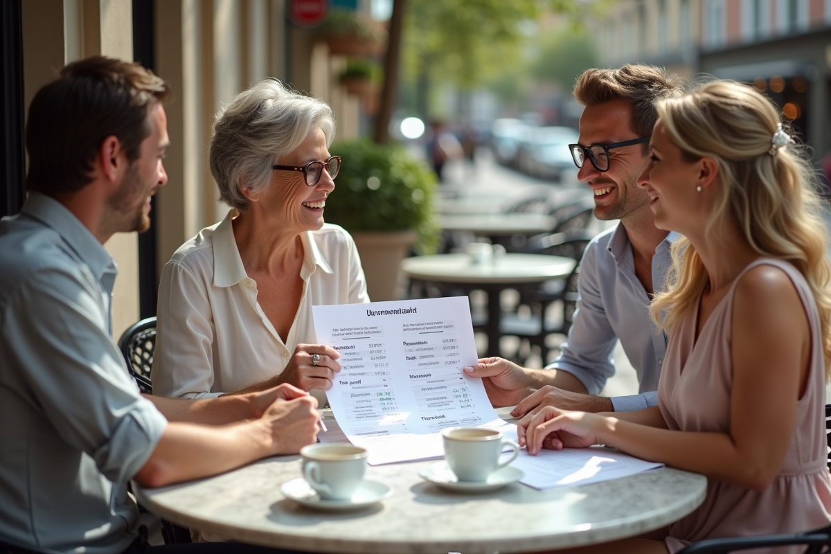 Wedding planner présentant un devis lune de miel à un couple