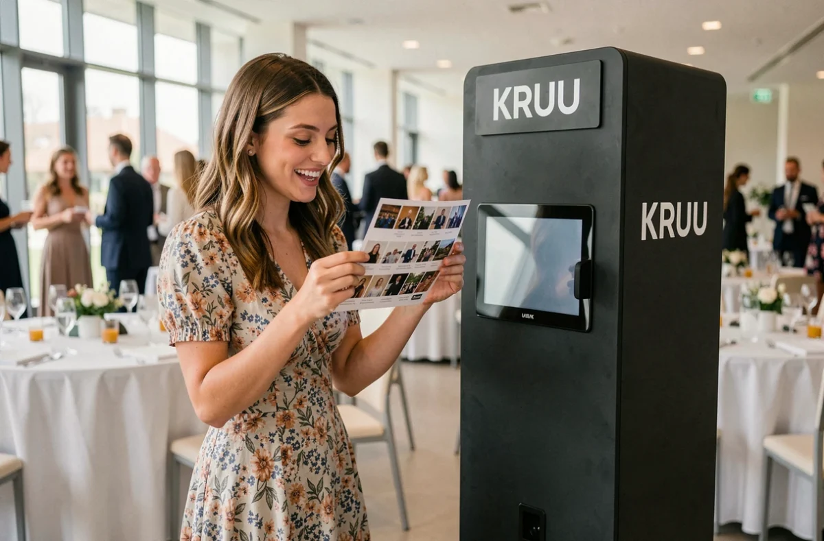 Femme tenant une planche de photos imprimée par un photobooth KRUU lors d'une réception en salle