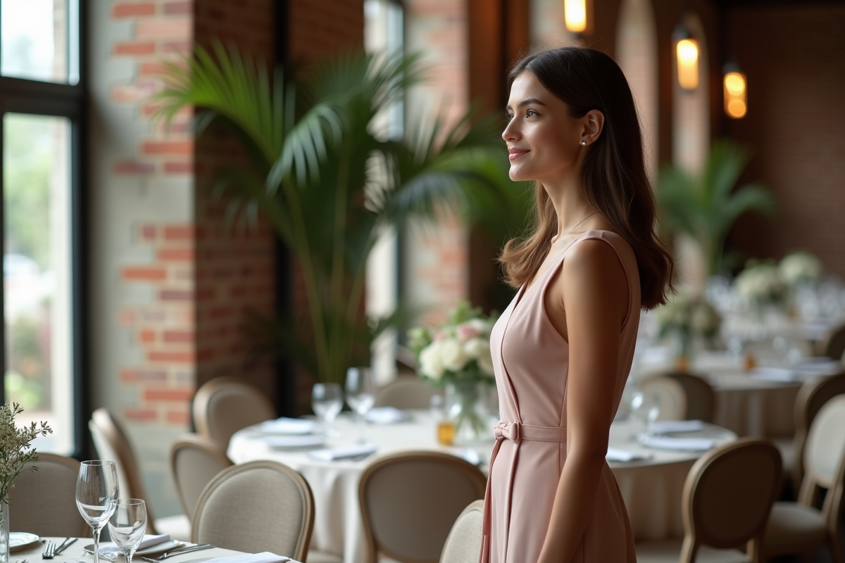 Femme en robe chic dans une salle de réception élégante
