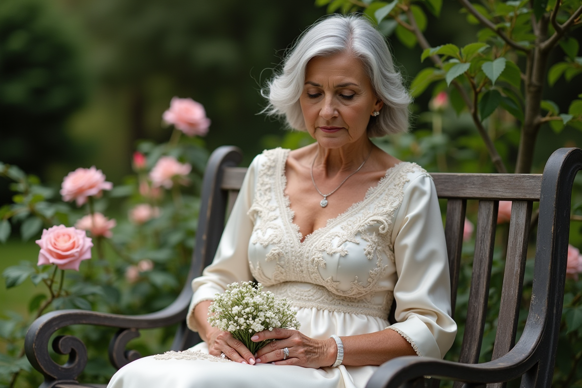 Femme en robe de satin dans un jardin fleuri