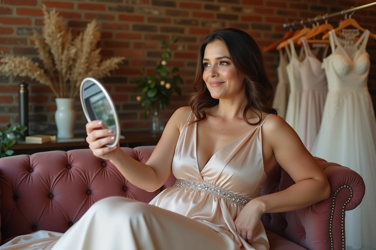 Femme ronde assise en robe de mariée champagne dans un salon d'essayage cosy, se regardant dans un miroir avec sérénité
