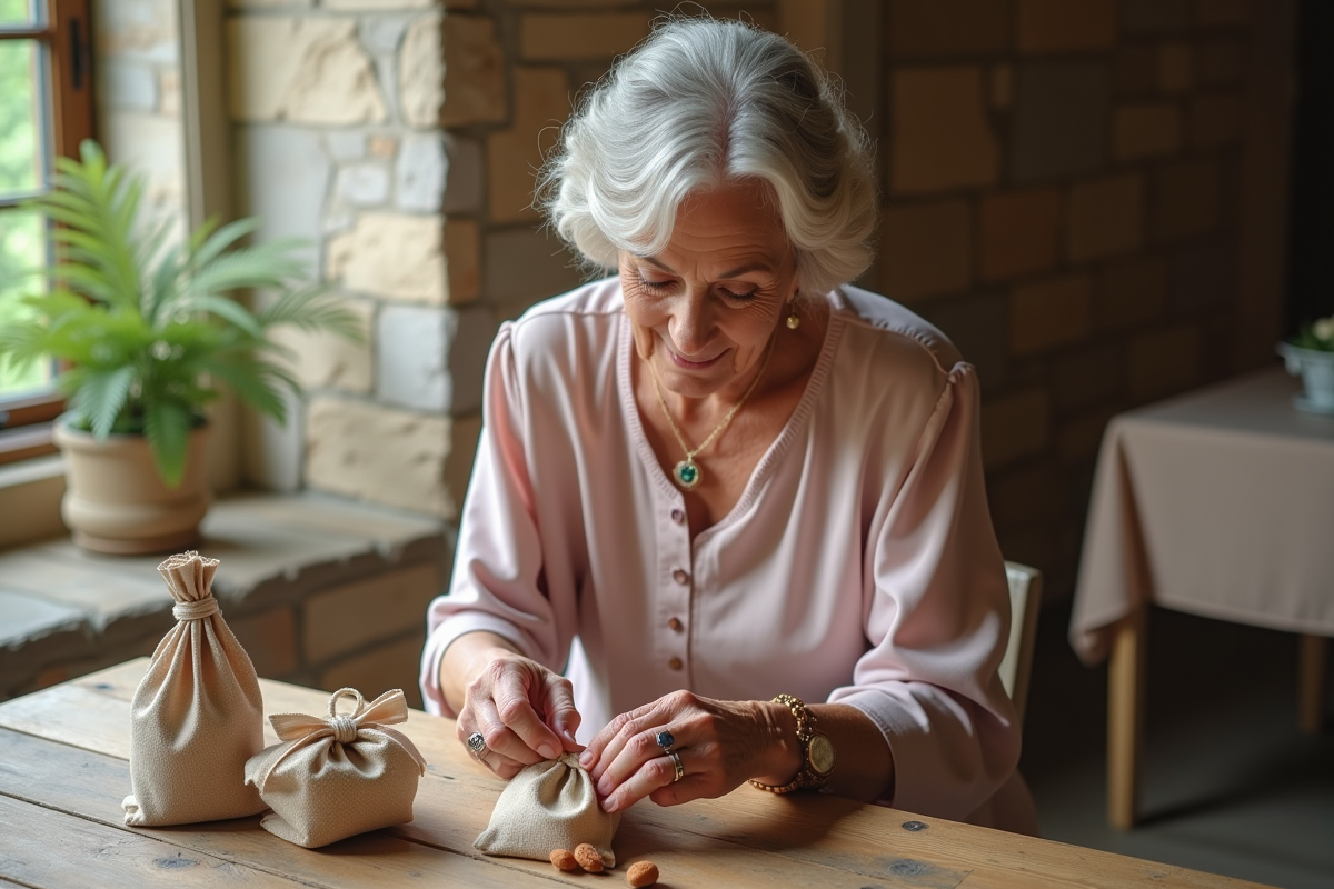 Femme âgée attachant un ruban autour de sachet d