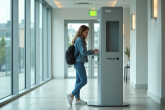Femme en denim près d'un photobooth moderne en intérieur
