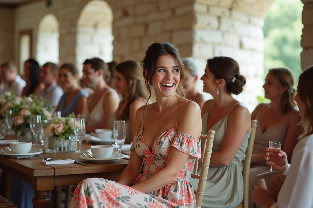 Femme riant à une table de mariage en intérieur