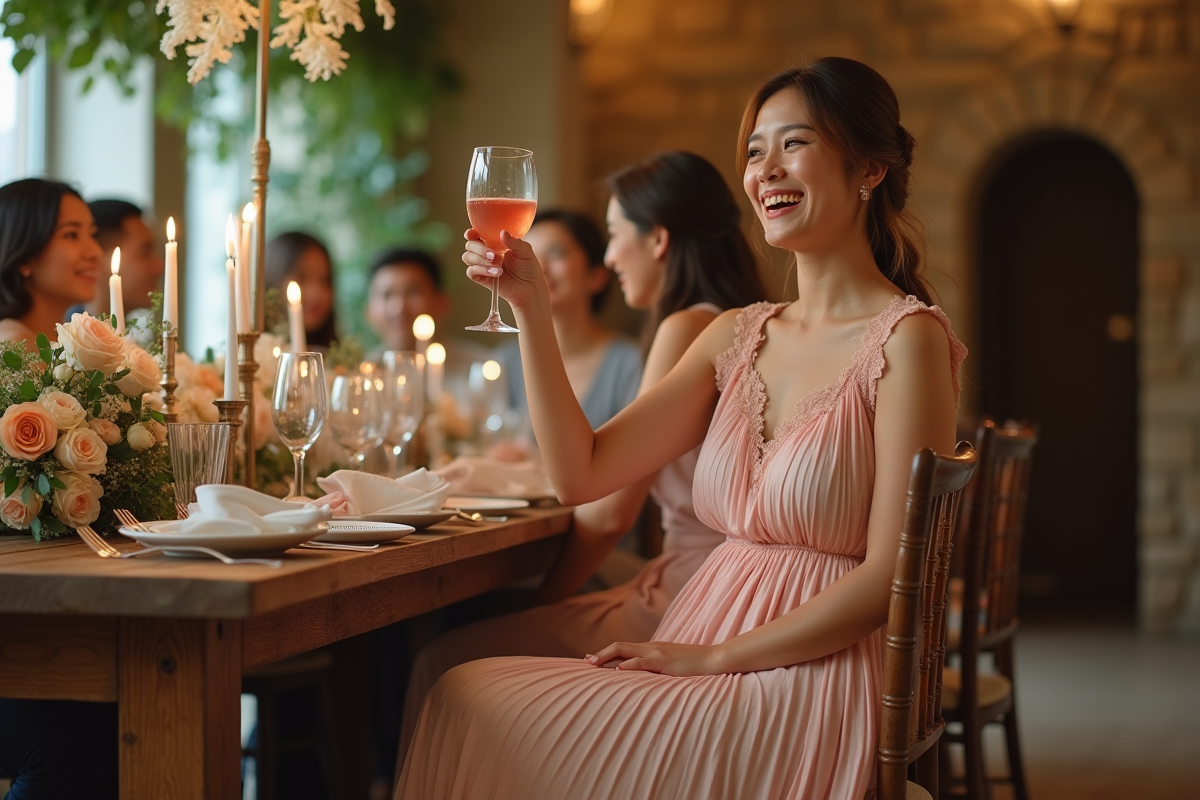 Femme en robe satin levant un toast lors d
