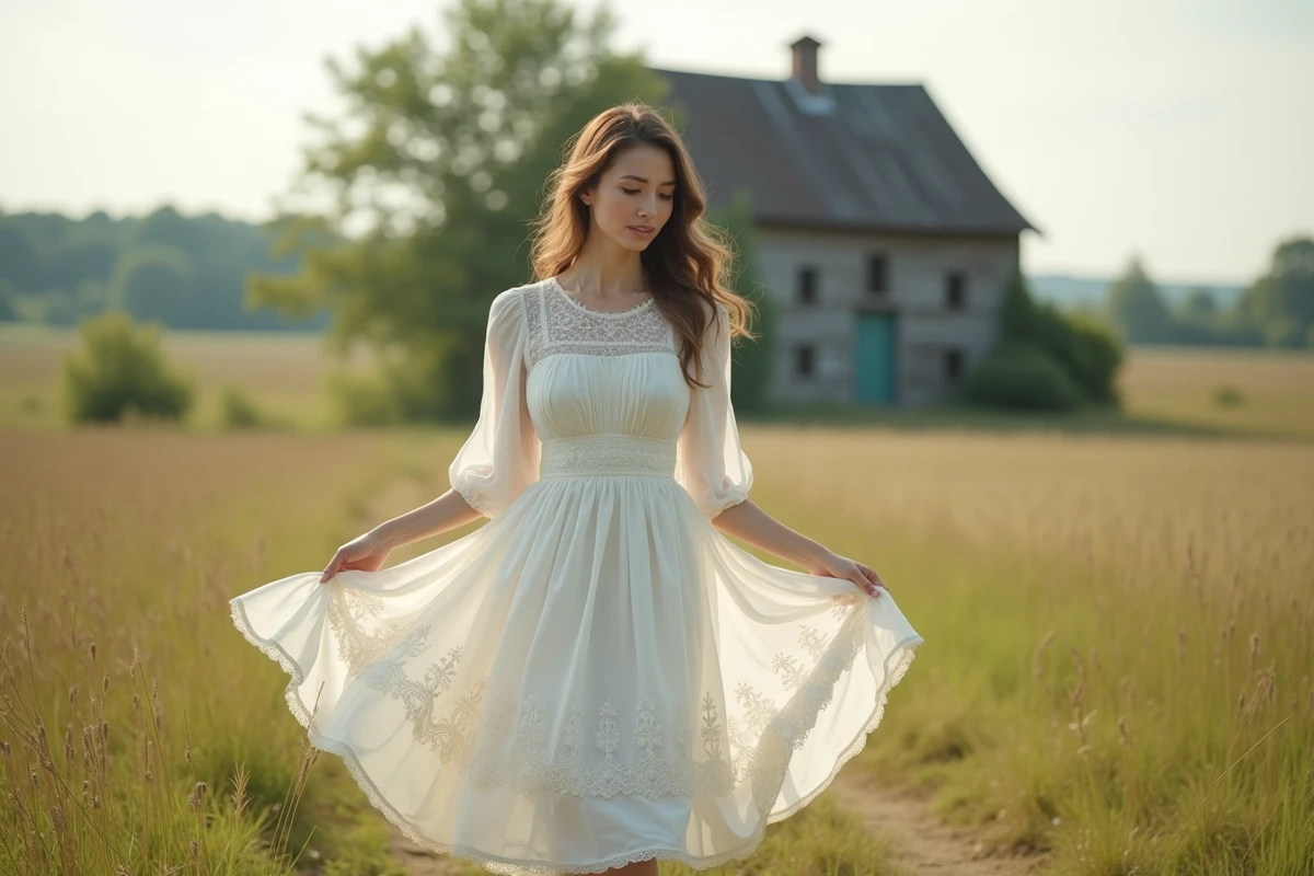 Femme en robe blanche tournant dans un champ avec ferme en arrière-plan