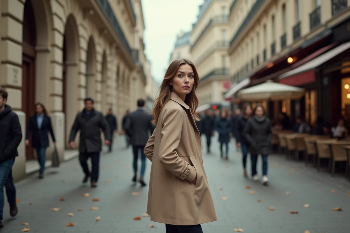 Femme marchant dans une rue parisienne en regardant par-dessus son épaule, évoquant la surveillance, la vie privée et l'exposition médiatique