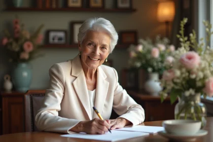 Femme âgée souriante écrivant une carte de mariage élégante