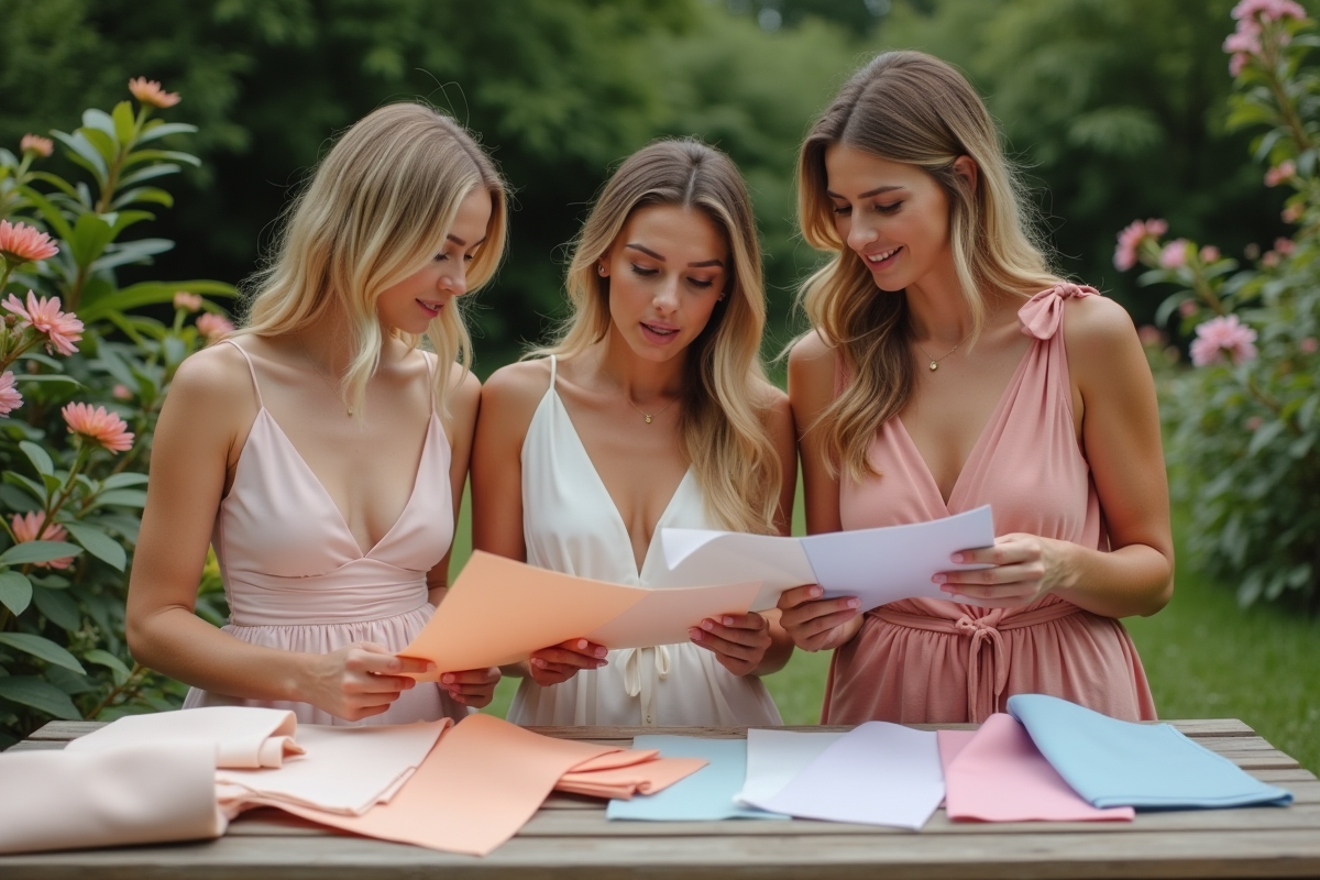 Trois femmes discutant de décoration de mariage en extérieur