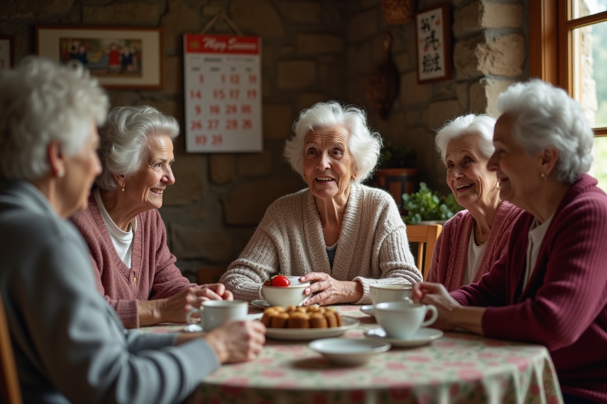 Femmes âgées et jeunes autour d une table de fête
