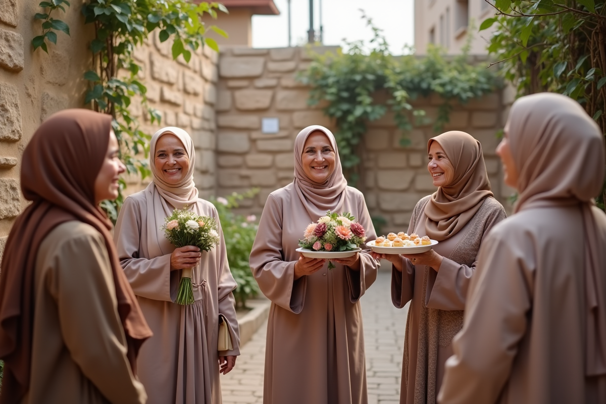 Femmes âgées en hijab dans une cour après un mariage communautaire