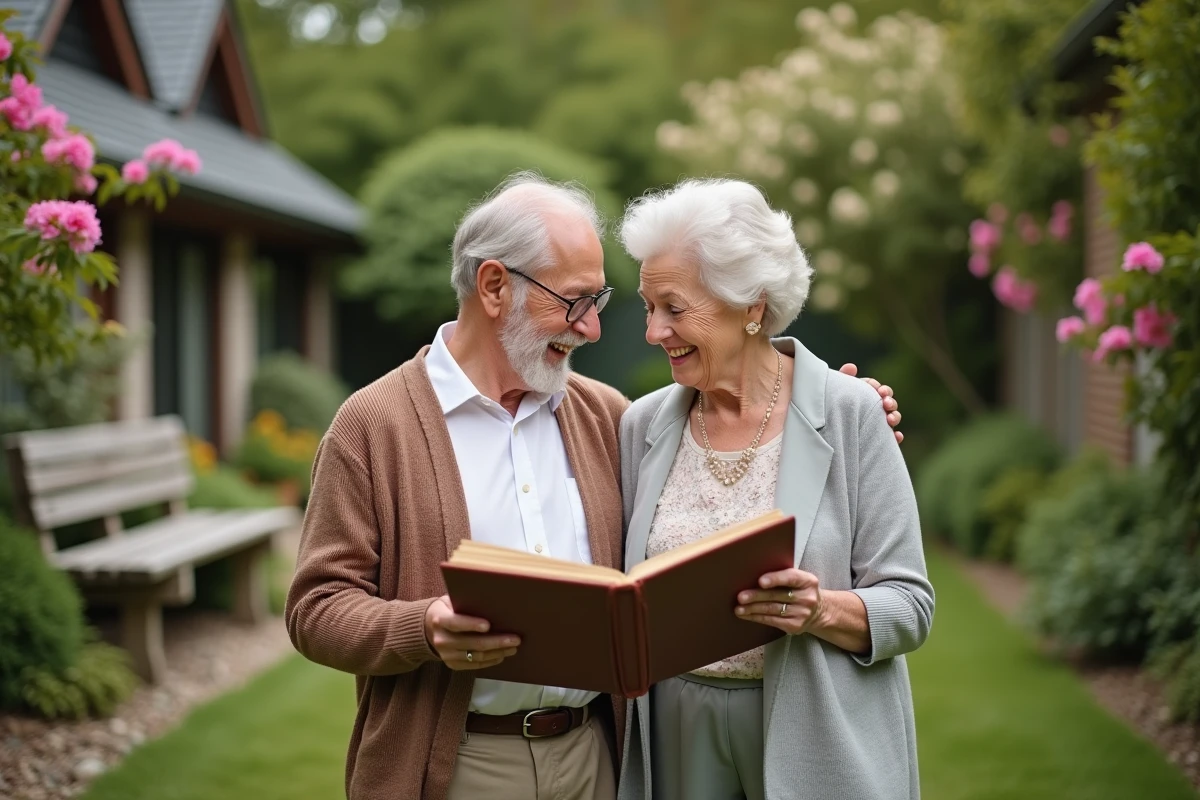 Femme et homme âgés regardant un album photo dans un jardin fleuri