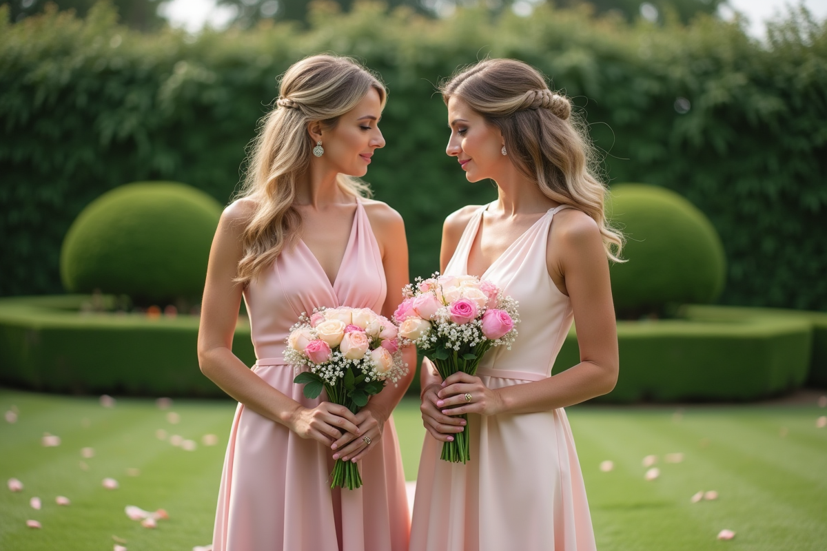 Deux femmes en jardin comparant leurs bouquets de mariage