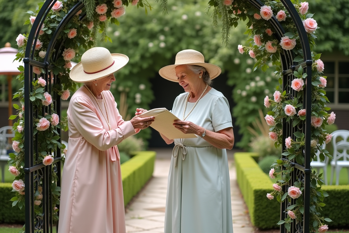 Deux femmes âgées décorant une arche de jardin avec des guirlandes de fleurs