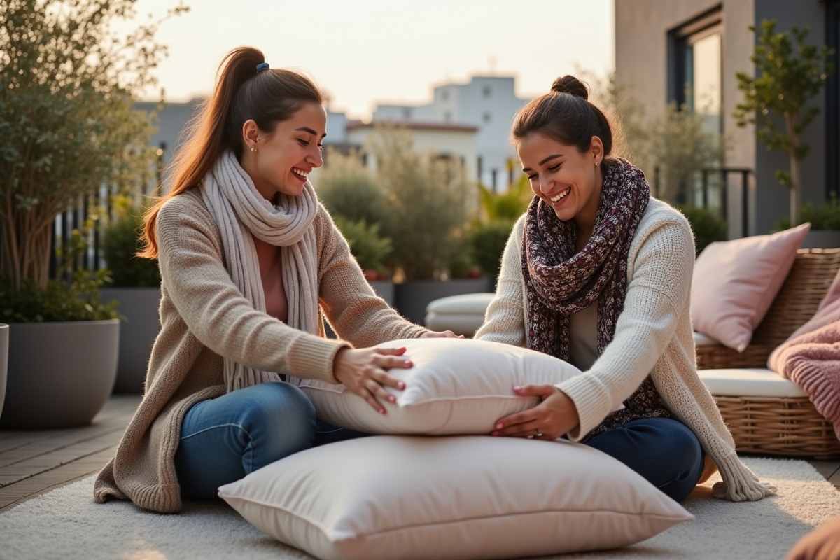 Deux femmes arrangeant coussins sur une terrasse urbaine