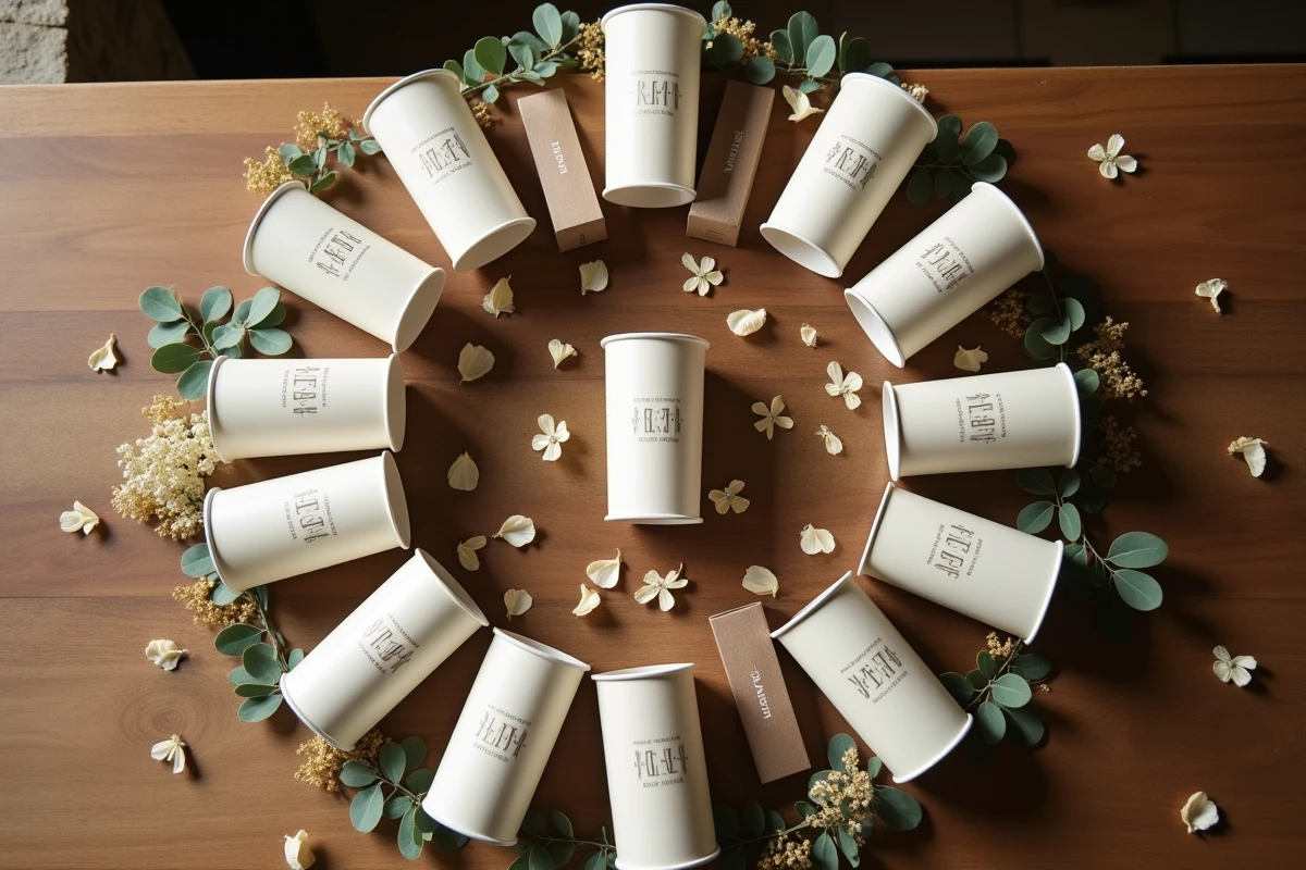 Flat lay de plusieurs eco cups personnalisés pour un mariage avec décoration florale en eucalyptus sur table en bois