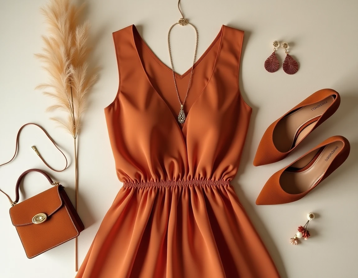 Flat lay d'une robe témoin terracotta en mousseline avec accessoires assortis : sac perlé, escarpins cognac et bijoux dorés