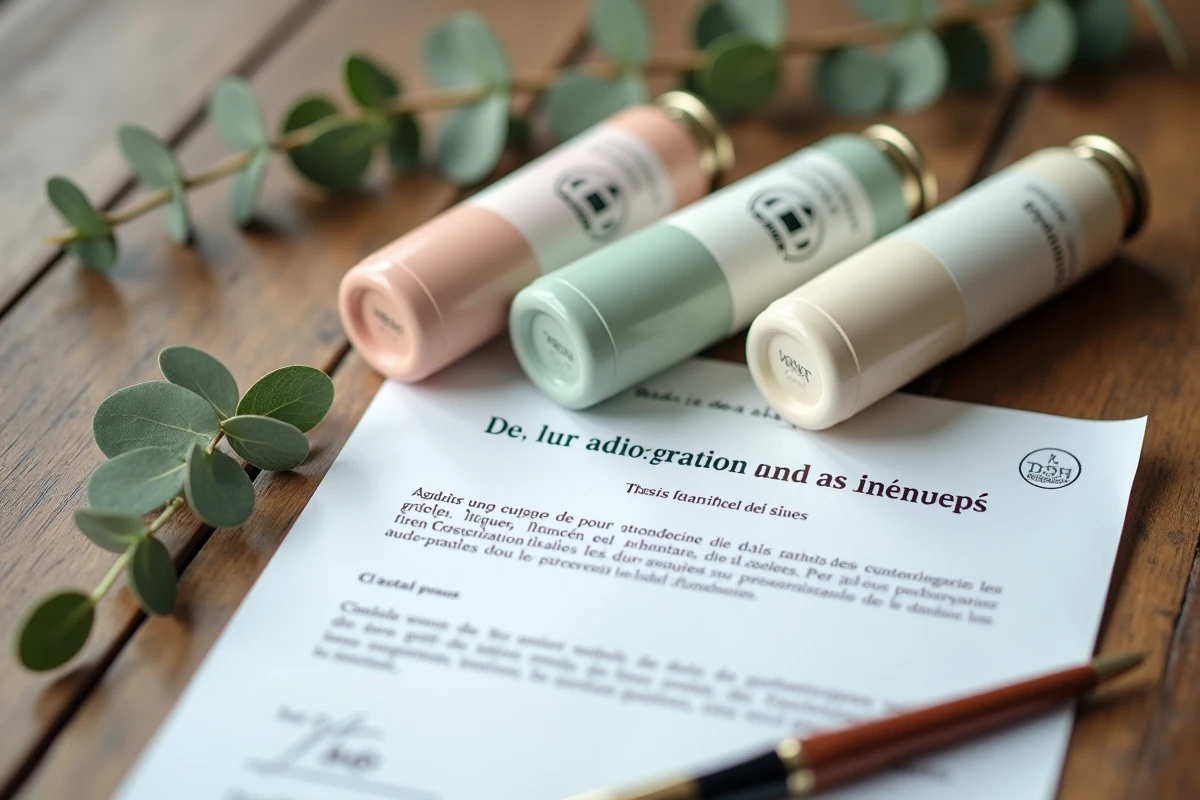 Fumigènes de mariage colorés en teintes pastel disposés à côté d'un document d'autorisation administrative officiel tamponné, sur une table en bois rustique