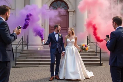 Couple de mariés tenant des fumigènes colorés devant une mairie en pierre, entouré de fumée rose et violette lors de la sortie de cérémonie