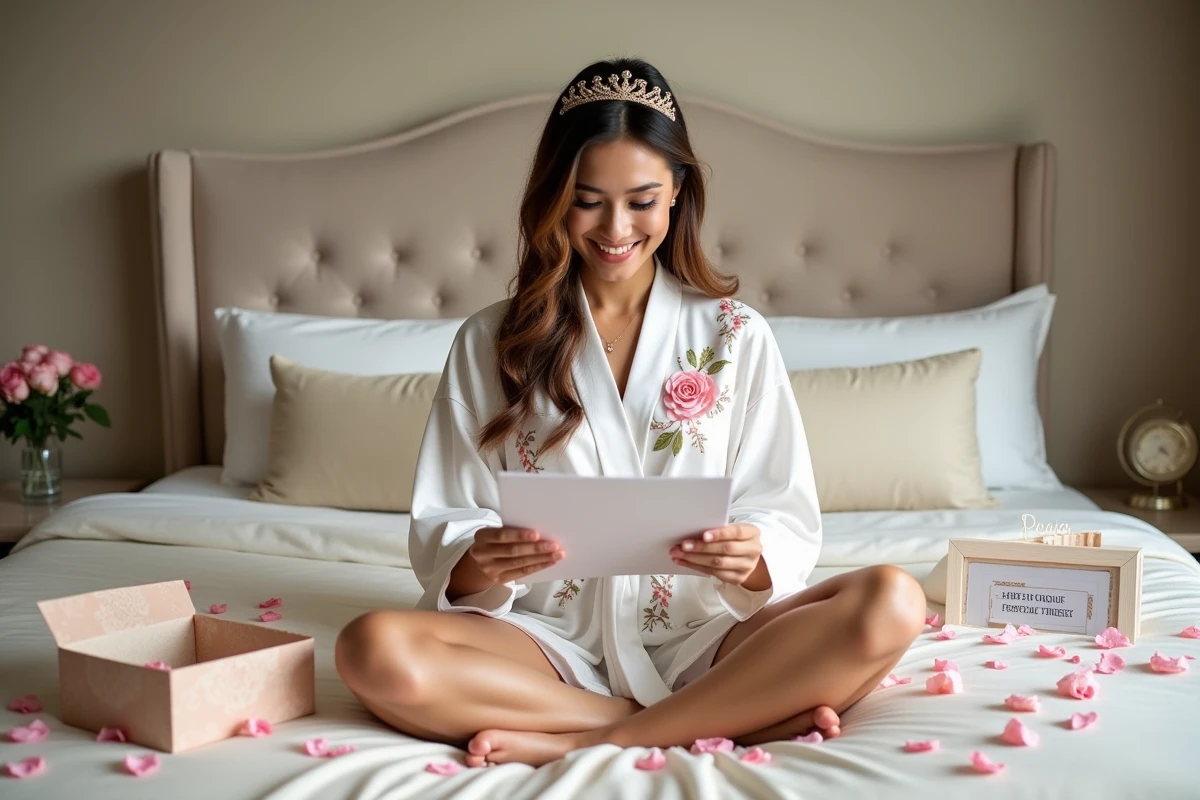 Future mariée en robe kimono blanc lisant la check-list de son enterrement de vie de jeune fille dans une chambre d'hôtel décorée