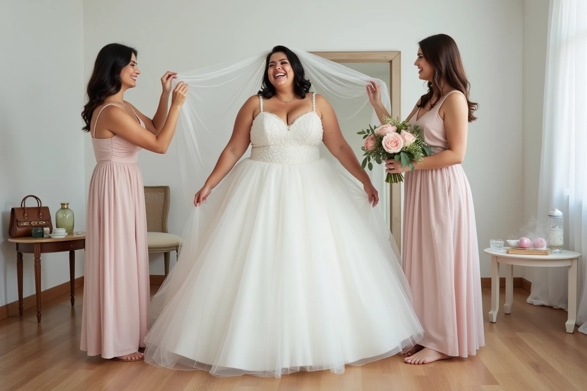 Future mariée ronde en robe de mariée en tulle blanc partageant un moment de joie avec ses amies lors d'un essayage décontracté en studio