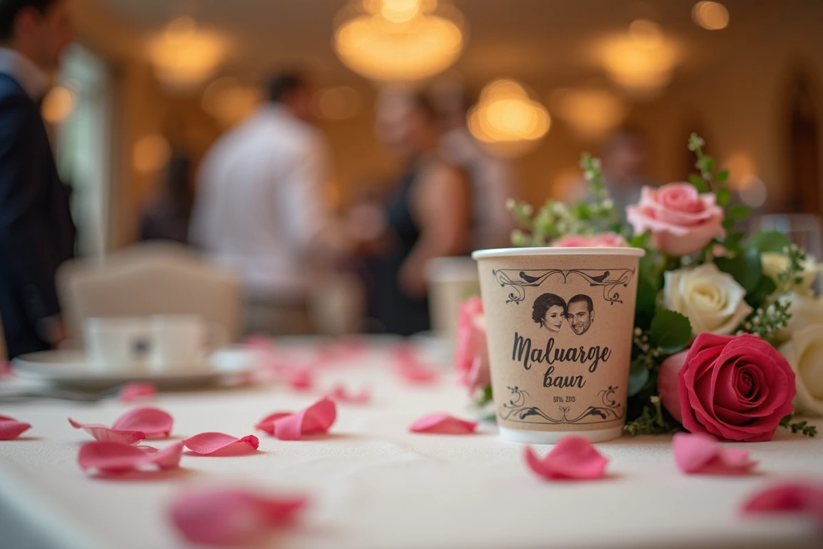 Gobelet personnalisé avec photo de mariés sur la table de réception