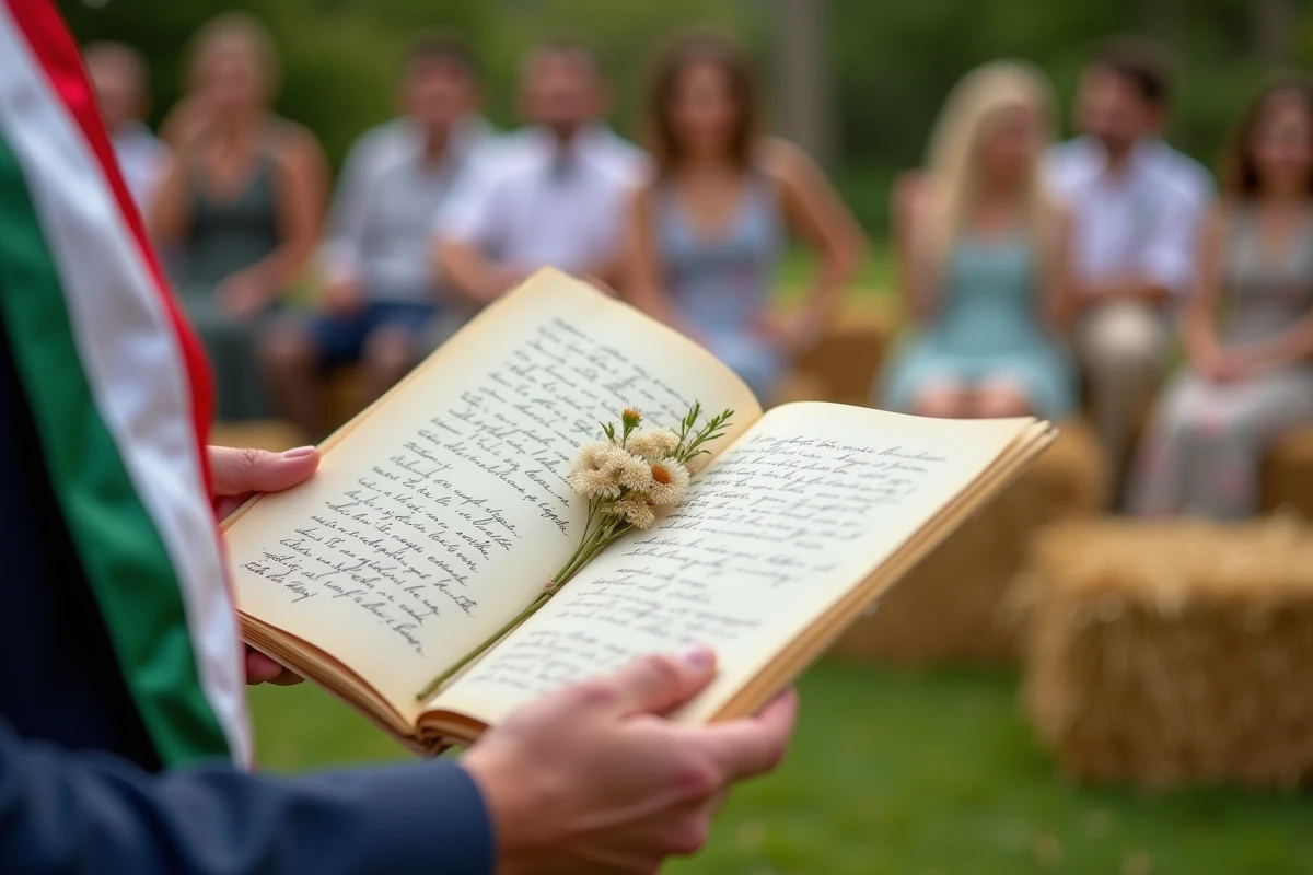 Gros plan sur les mains d'un maire tenant un discours manuscrit avec une fleur séchée pour un mariage champêtre