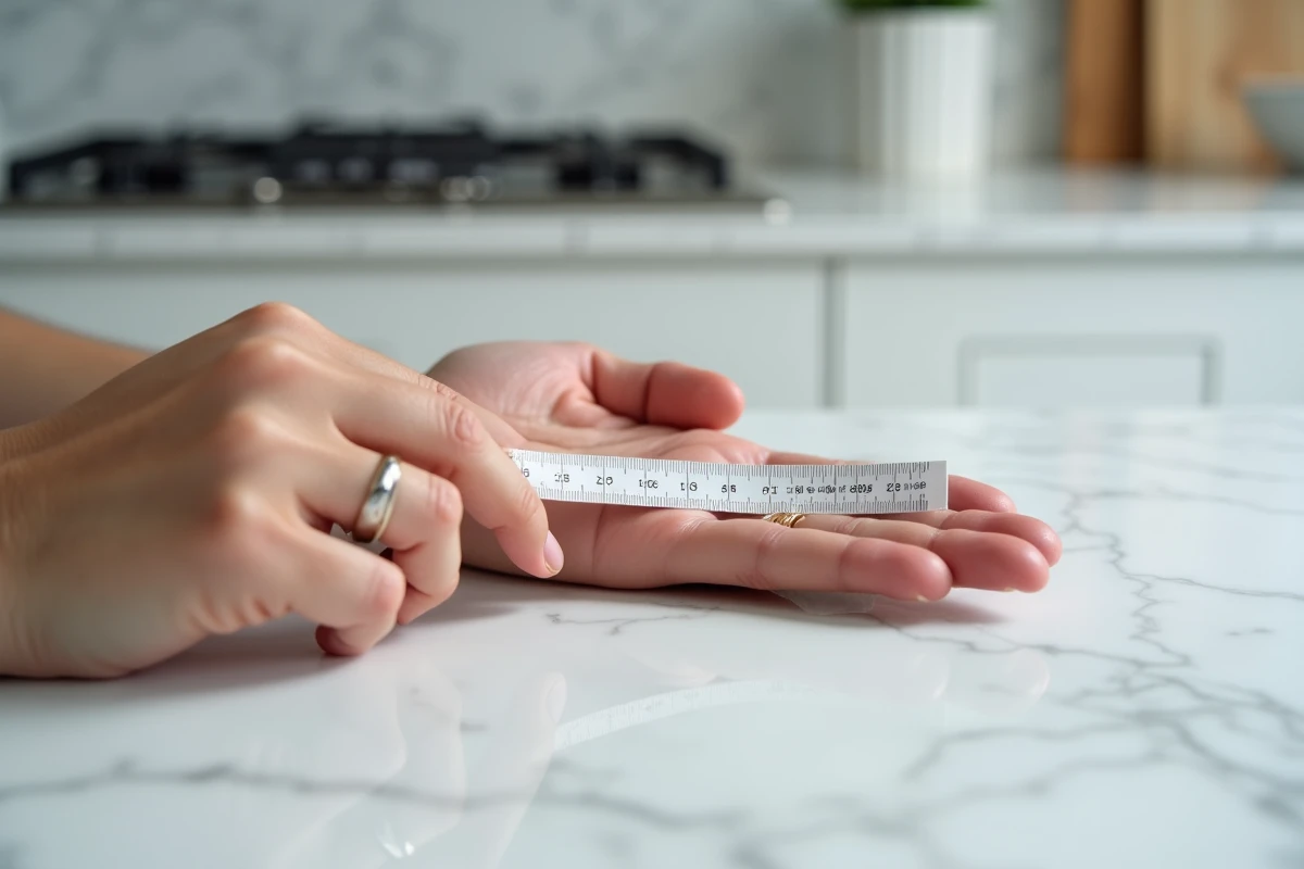Gros plan sur un doigt mesuré à l'aide d'un baguier imprimable en papier sur un plan de travail en marbre blanc