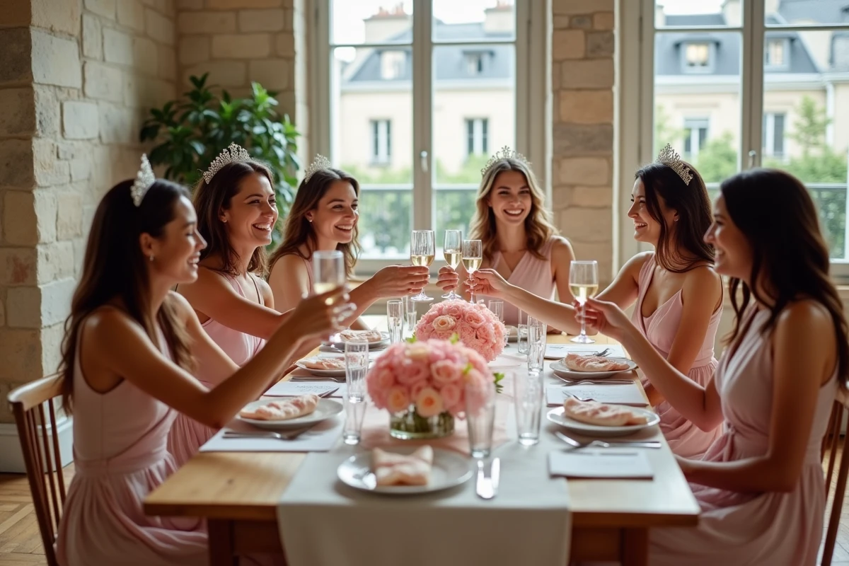 Groupe d'amies célébrant un enterrement de vie de jeune fille autour d'une table décorée avec champagne et liste de check-list