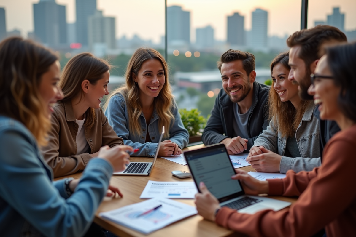 Groupe de jeunes discutant budget concert en terrasse