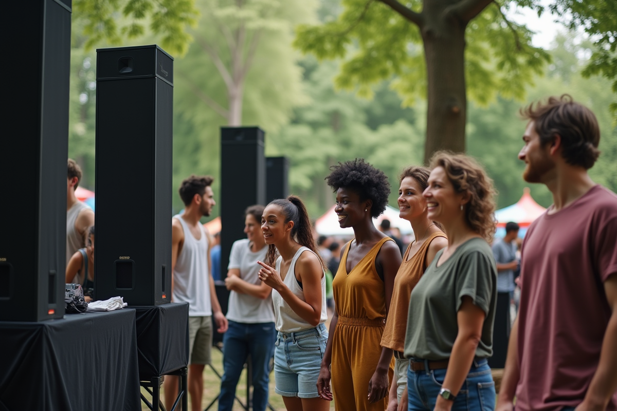 Groupe de personnes autour d’un système audio en extérieur