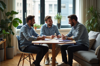 Groupe d'hommes en discussion dans un appartement moderne