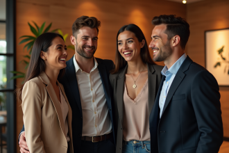 Groupe de jeunes adultes souriants devant un photomaton moderne