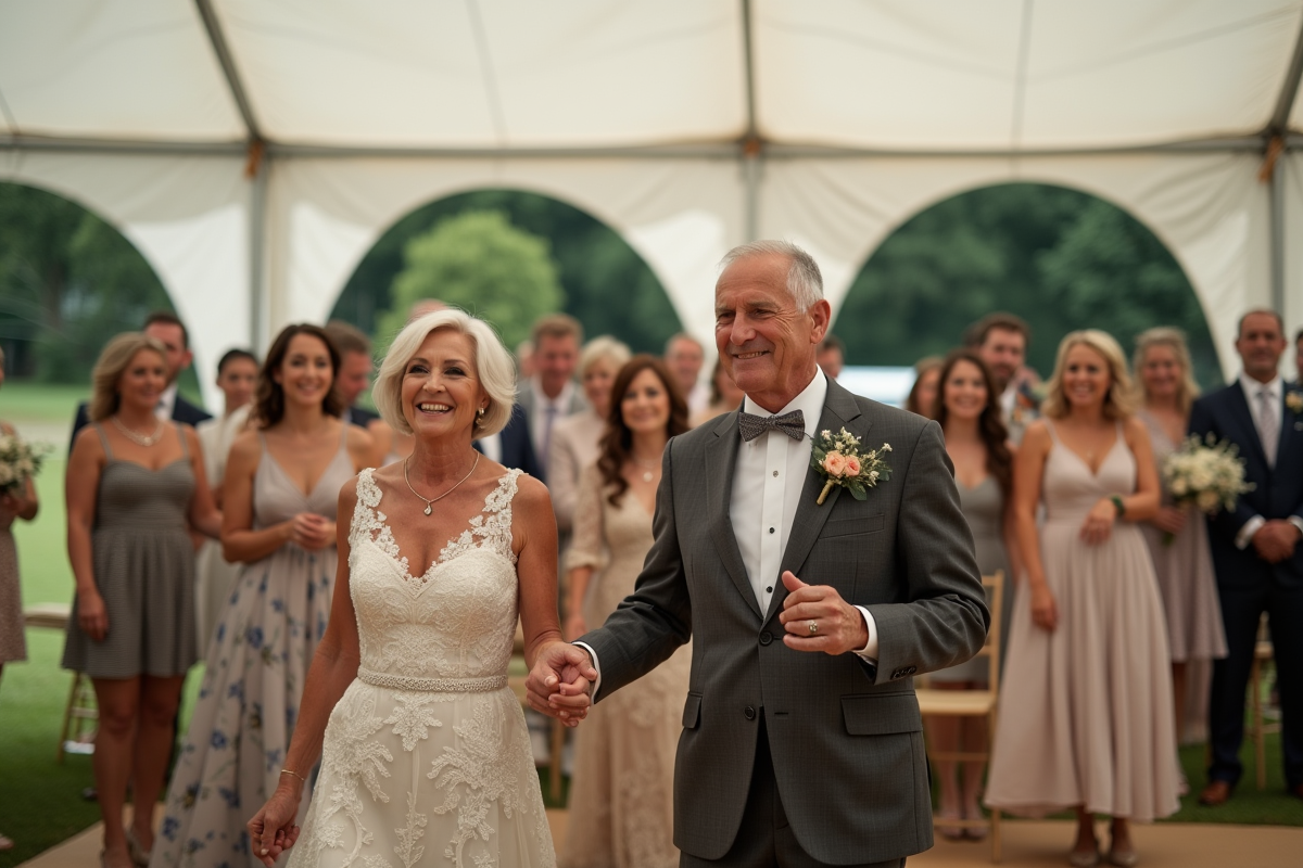 Groupe d invités âgés chantant sous une tente de mariage