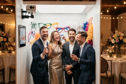 Groupe d'adultes riant et posant dans un photobooth KRUU lors d'un événement soirée avec accessoires colorés