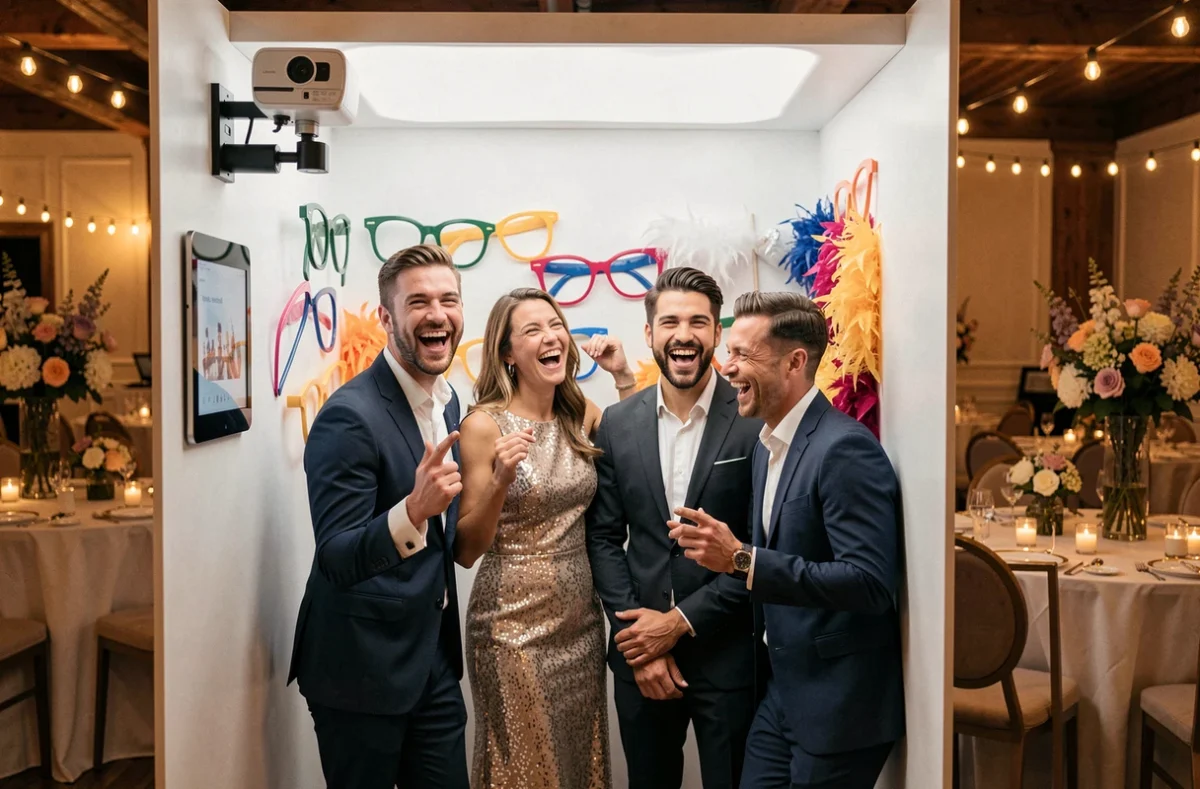 Groupe d'adultes riant et posant dans un photobooth KRUU lors d'un événement soirée avec accessoires colorés