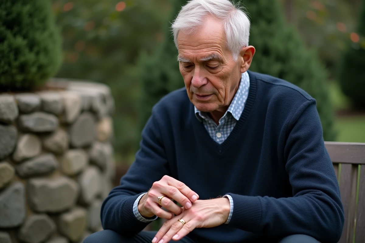 Homme &acirc;g&eacute; posant ses bagues dans un jardin paisible