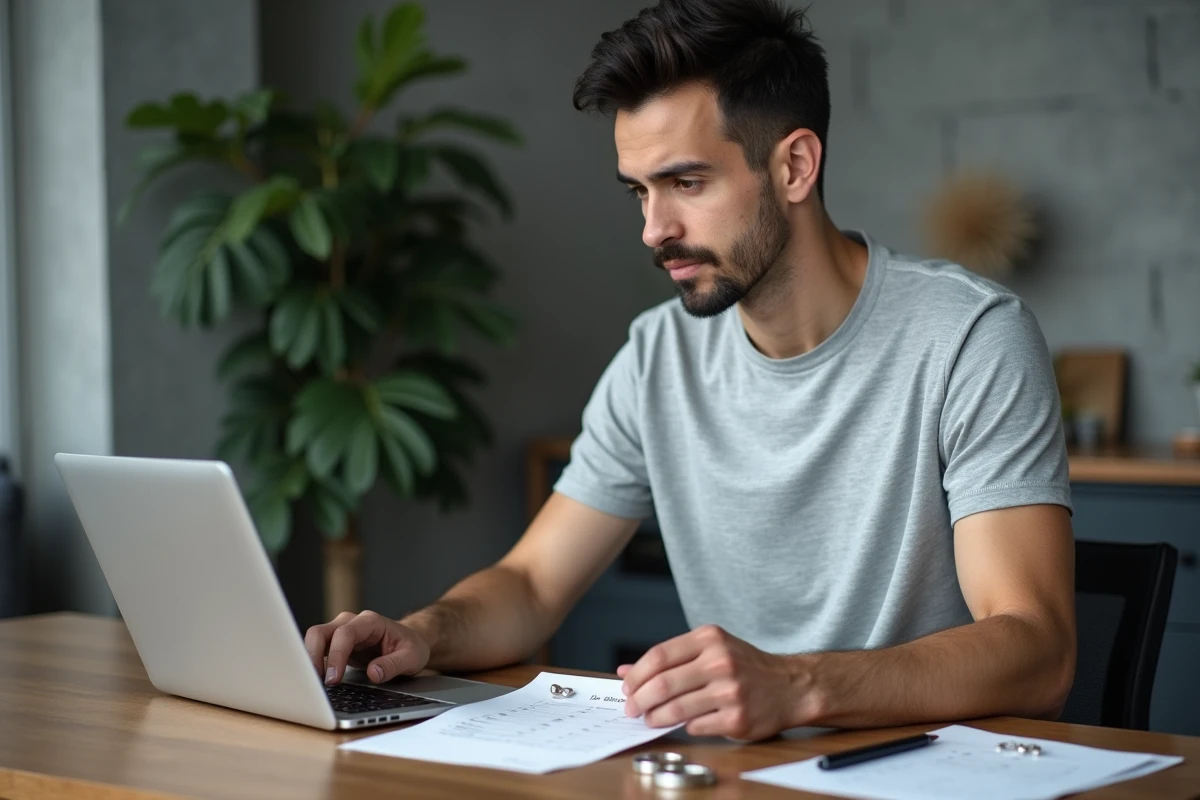 Homme consultant un baguier imprimable en PDF sur son ordinateur portable pour mesurer son tour de doigt à la maison