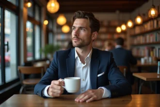 Homme pensif en costume dans un café chaleureux