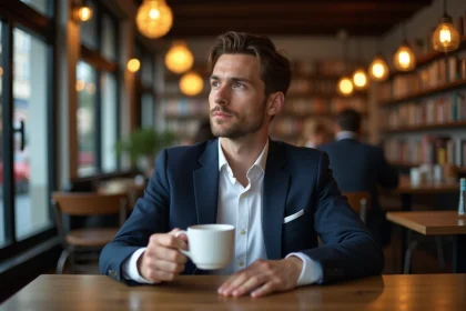 Homme pensif en costume dans un café chaleureux