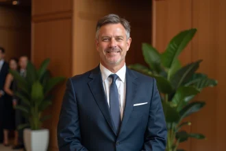 Homme élégant en costume bleu marine lors d'une réception formelle, évoquant une cérémonie de mariage en intérieur raffiné