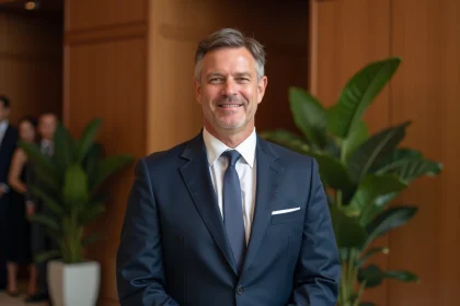 Homme élégant en costume bleu marine lors d'une réception formelle, évoquant une cérémonie de mariage en intérieur raffiné
